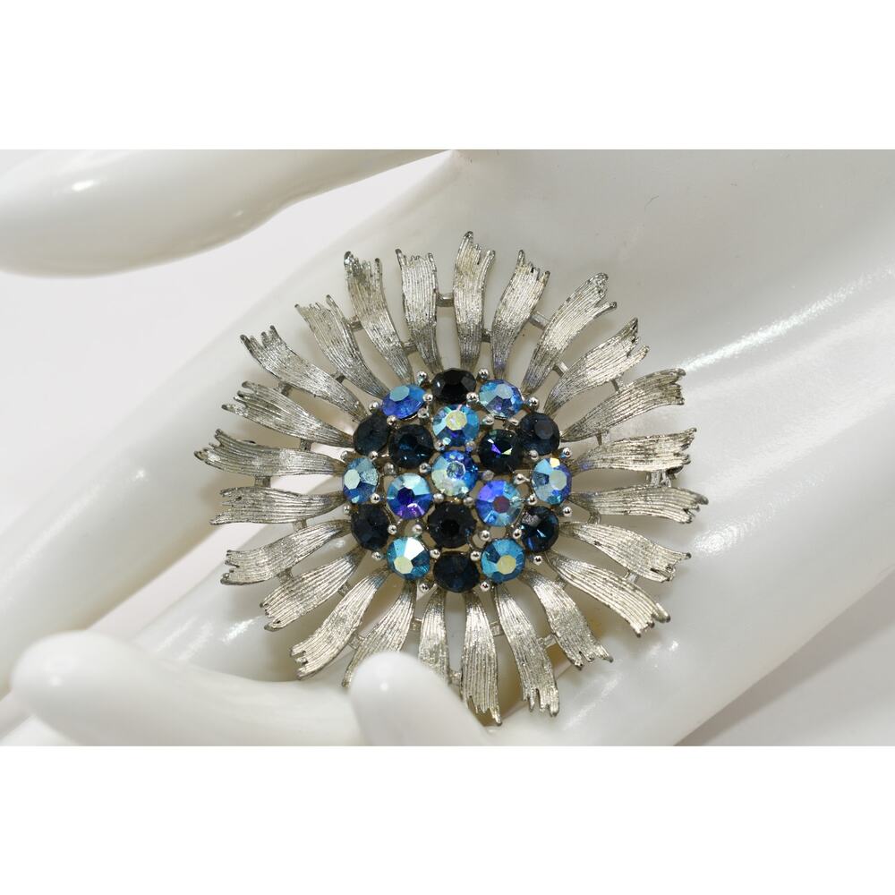 Vintage Lisner Blue AB Rhinestone Flower Brooch Rhodium Silver Tone 2 Inch